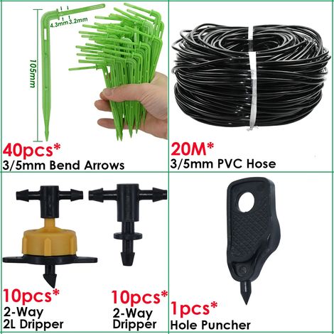 (KSL01-KIT380-2L-2WAY) Système d'irrigation goutte à goutte pour serre, 4 voies, 3/5 mm, 2 voies, avec émetteur fléché, pour plantes en pot. (1/4)