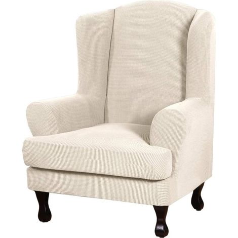 Housse Siège Extensible – Beige à Carreaux – Dossier Fendu Type Aileron – Élastique (1/5)