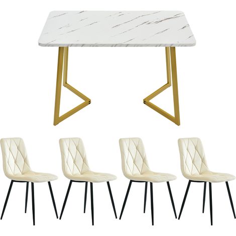 Ensemble Repas 117x68x75 Cm - 4 Chaises Velours Beige, Plateau Mdf Effet Marbre, Pieds Dorés (1/5)