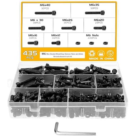 435pcs M6x12-40 mm Assortment of 6-Sided Screws with Nuts and Washers - Hexagon Cylinder Head Screws in Carbon Steel 12.9 - Keys Included (1/5)