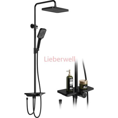 Ensemble de douche pluie sans robinets, système de douche de salle de bain en acier inoxydable, colonne réglable avec étagère/douchette carrée 25x25cm (1/5)