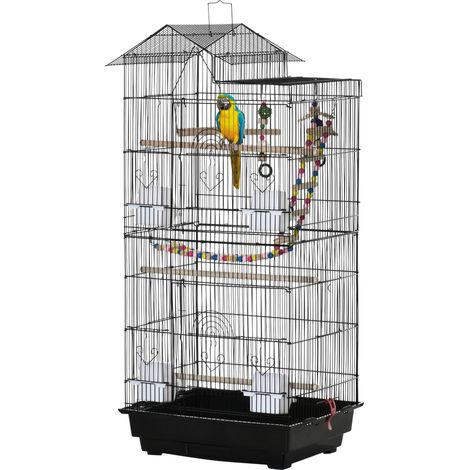 Cage à oiseaux avec échelle, balançoire, gamelles et jouets, en acier, polypropylène et bois, 46 x 36 x 100 cm, noire