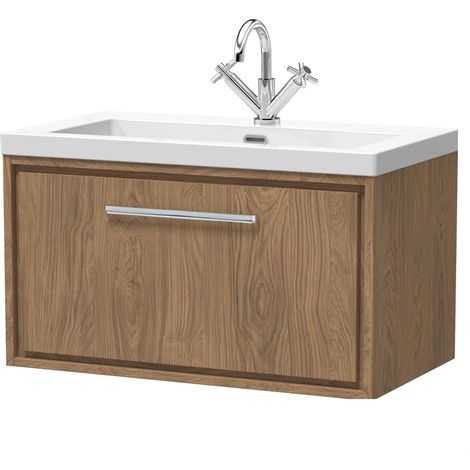 Longnor 1 Drawer Wall Hung Vanity Unit with 1 Tap Hole Modern Fireclay Basin, Antique Oak, 800mm