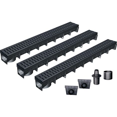 MEA – Pack de 3 caniveaux extérieurs avec grille polyamide B125 – Drainage terrasse, piscine, jardin – Largeur utile 10cm – Résistance aux véhicules légers