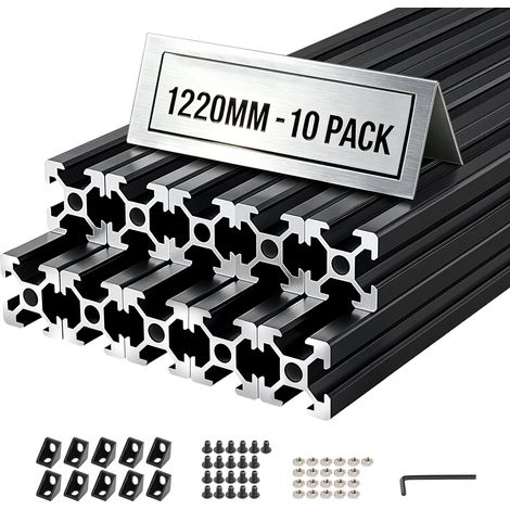 Profilé Aluminium Extrudé 2020 10 PCS Profilé Alu Anodisé 1220 mm Rainure en T Standard Européen pour Châssis d'Imprimante 3D, Machine CNC, Mobilier, Établis, Bricolage, Haute Résistance, Noir (1/5)