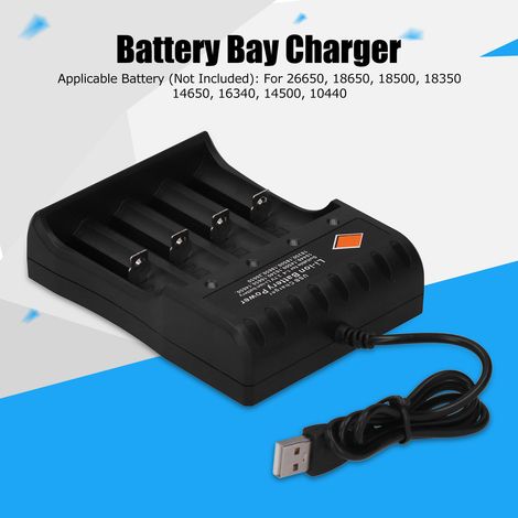 4-fach DC 4,2V Li-Ionen-Akkuladegerät, schwarzes ABS-Gehäuse, für 26650- und 18650-Akkus, mit USB-Kabel und Schutzhülle (1/5)
