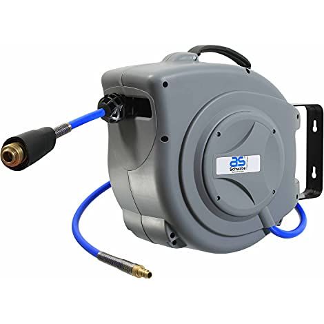 as - Schwabe Svvolgitubo professionale automatico per aria compressa - 15 m di tubo in PU e 1 m di tubo di collegamento, con arresto del tubo e attacco rapido, supporto a parete solido - grigio (1/4)