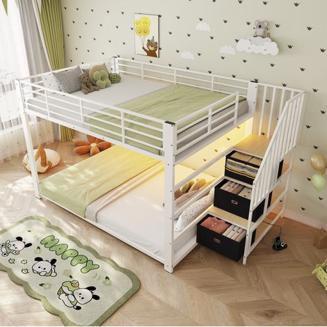 Litera 140x200 cm de metal y MDF blanco con escalera de almacenaje - MEUBLIV (1/5)