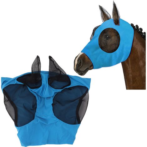 Masque de protection pour cheval, protecteur de visage élastique et respirant, masque anti-moustiques et insectes, couvre-chef bleu pour chevaux (1/5)
