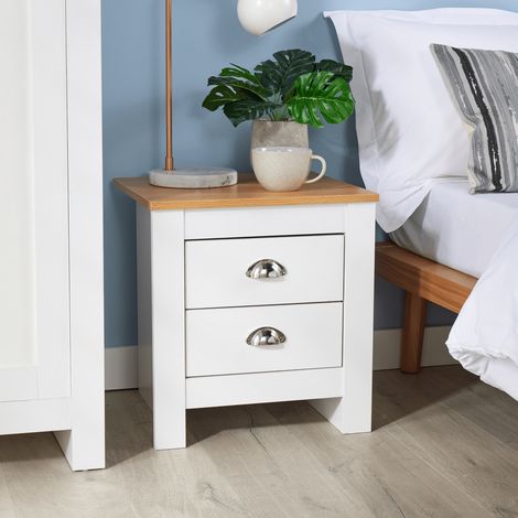 Bedside 2 Drawer Bedroom Furniture White Oak Top Metal Handles Wooden Nightstand (1/5)