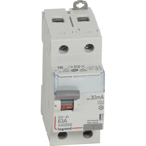 Legrand 411556 Fehlerstromschutzschalter 63 A - Typ A - 2P - 30 mA - Schraube/Schraube - Hoch/Tief - DX³-ID