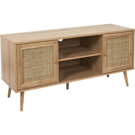 Meuble TV Bali en bois contreplaqué et rotin – Dimensions L. 115 x P. 39 x H. 56,5 cm – 2 portes et niches pratiques – Gestion des câbles intégrée