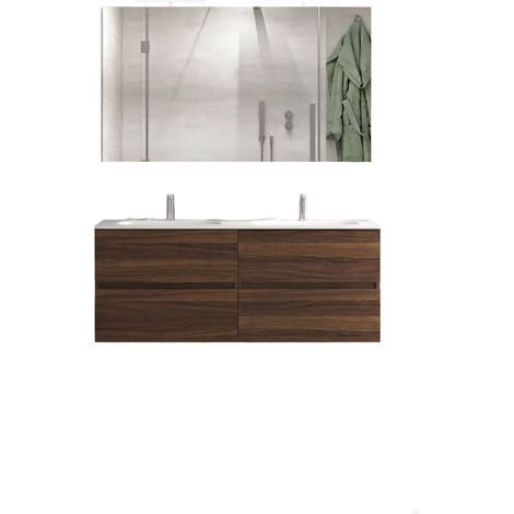 Mobile da Bagno Sospeso con Lavabo 120cm 2 Vasche e Specchio Bali Light Double Noce Scuro (1/2)