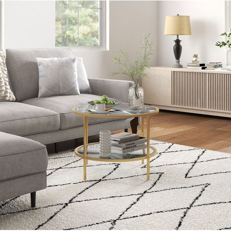 Table d'appoint ronde avec étagère et rangement 2 niveaux, plateau en verre trempé, structure en acier doré, Ø60 x 43 cm, pour salon et chambre - CHICFURN (1/5)