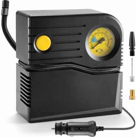 Gonfleur pneus Voiture Mini Compresseur à Air Portable Gonfleur Analogique Pompe de Pneu de Voiture Allume Cigare Electrique Pompe A Velo avec Manomètre et Adaptateurs de Valve(Jaune) (1/5)