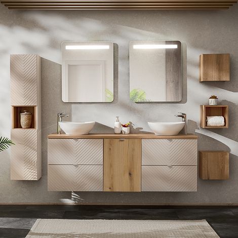 Set Doppelwaschtisch 160cm LED Spiegel Säule und 3 Hängeschränke Manoa Kaschmir und Holz