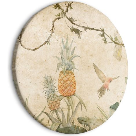 Immagine rotonda - Tropici dai colori tenui - Pappagalli e ananas tra una lussureggiante vegetazione esotica dalle delicate sfumature di verde/Pappagalli nella giungla (1/4)