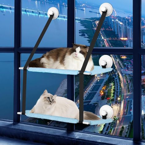 Cat Window Perch, Cat Hammock for Indoor Cats, Sturdy Window Seat for Cats Inside with Large Screw Suction Cups (Blue, Double Layers) (1/5)