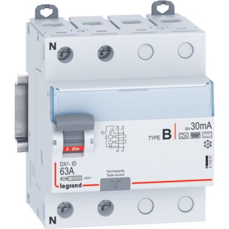 Interrupteur différentiel DX³-ID arrivée haute et départ bas par bornes à vis - 2P 230V 63A TypeB 30mA - 4 modules - LEGRAND