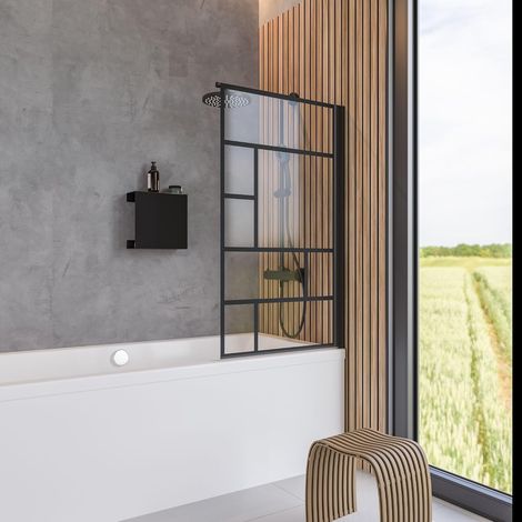 pare baignoire 70 x 130 cm, profilé noir, montage gauche droite, paroi mobile 1 volet pivotant, rabattable à 180°, verre de sécurité 5 mm décor, réglage 69.5-70.5 (1/4)