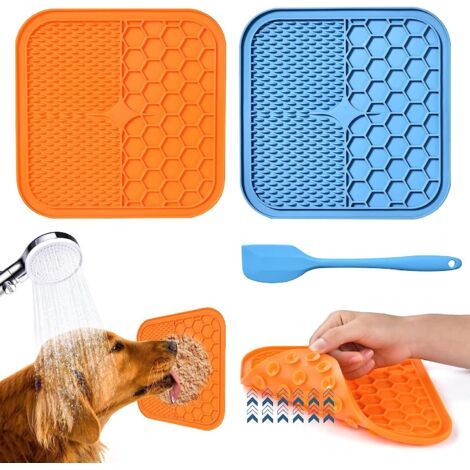 "Alfombra de lamer para perros, de 2 piezas, alfombras de lamer para gatos sin BPA con 1 raspador de silicona, ventosas extra fuertes para baño, entrenamiento, cuidado y corte de uñas." (1/5)