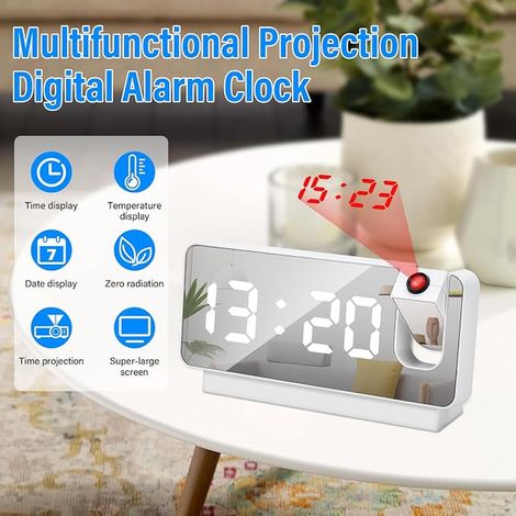 Reveil Projecteur Plafond Reveil Projecteur Réveil Numérique avec Température Projecteur 180° Écran LED Horloge Numérique Port de USB Réglage 12/24H Chambre Bureau Blanc IE95-TYNZ (1/3)