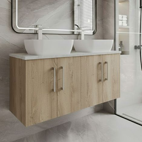 Hudson Reed Juno Wall Hung 4-Door Vanity Unit with Bellato Grey Worktop 1200mm Wide - Autumn Oak (1/4)
