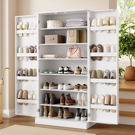 Mueble zapatero alto de 180 cm, armario de recibidor de gran capacidad con estantes en las puertas y baldas regulables, para 30 pares, blanco (1/5)