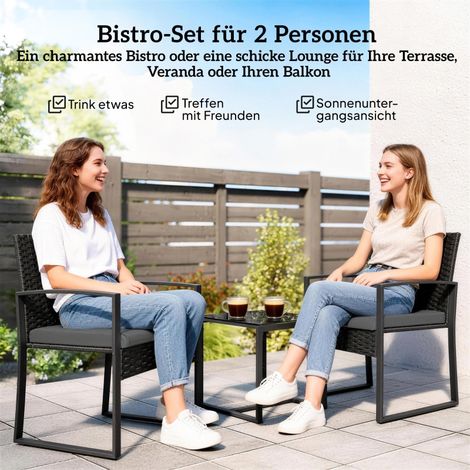 Ensemble bistro résine tressée trois pièces de jardin avec deux fauteuils et table basse, coussins amovibles, mobilier pour terrasse et balcon gris foncé (1/4)