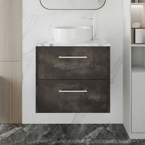 Hudson Reed Juno Wall Hung 2-Drawer Vanity Unit with Carrera Marble Worktop 600mm Wide - Metallic Slate (1/4)