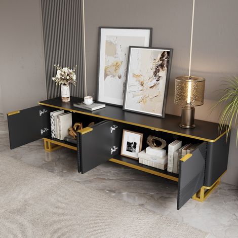 DESMIU Meuble TV 4 portes avec espace ouvert, rangement et passe-câbles, pour salon, en MDF, noir, 160 × 37,5 × 48 cm (1/5)