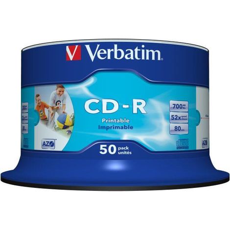 CD-R Verbatim 52x 700MB (Cake 50) IMPRIMIBLE EN ESPACIO ANCHO SIN IDENTIFICACIÓN