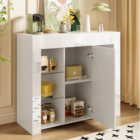 Buffet en panneaux de particules blanc, façade brillante, porte et étagères en verre, 95 x 35 x 83 cm (1/5)