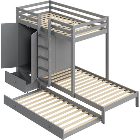 Letto a castello 90 x 200 in legno con letto estraibile, armadio, cassetti e mensola, grigio (1/5)