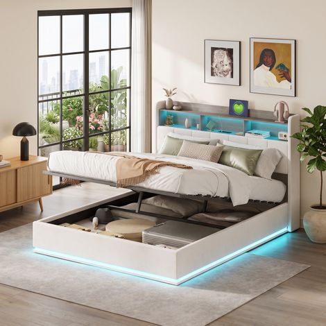 Superaly Lit Coffre BaromĂ©trique 140x190 cm, TĂȘte de Lit RembourrĂ©e avec cadre de rangement, Ambiance LED Enveloppante, Doubles Ports USB et Type-C, Lit Double en Velours Beige, Sommier Ă Lattes (1/5)