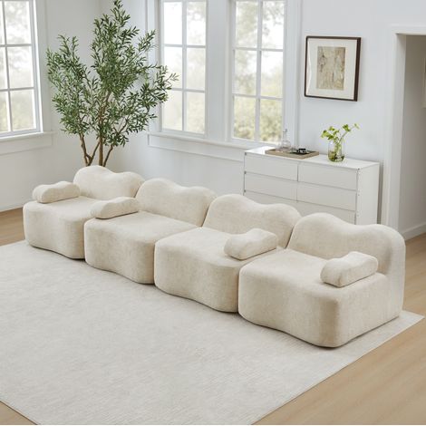 Canapé modular 4 plazas de terciopelo beige, diseño ondulado con asiento profundo (1/5)