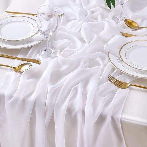 Chemin de table bohème blanc en mousseline pour mariage, fête, Noël, anniversaire 70 x 300 cm (1/5)