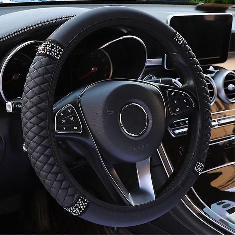 Housse de volant universelle en cuir PU et cristal, 37-38 cm, pour voiture, noir. (1/3)