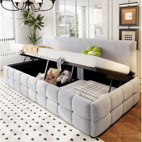 sofá cama tapizado de terciopelo gris claro 90x200 cm con almacenaje hidráulico y somier de láminas (1/5)