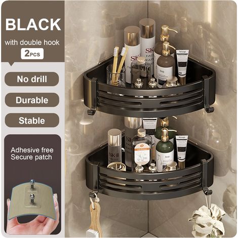 Étagère de salle de bain (noire à 2 niveaux) pour douche, rangement mural pour flacons de shampoing, étagère d'angle sans perçage, accessoires de salle de bain (1/5)