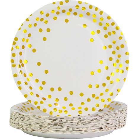 Lot de 50 assiettes en carton pour fêtes, assiettes blanches et dorées de 18 cm, vaisselle jetable pour fêtes (1/5)