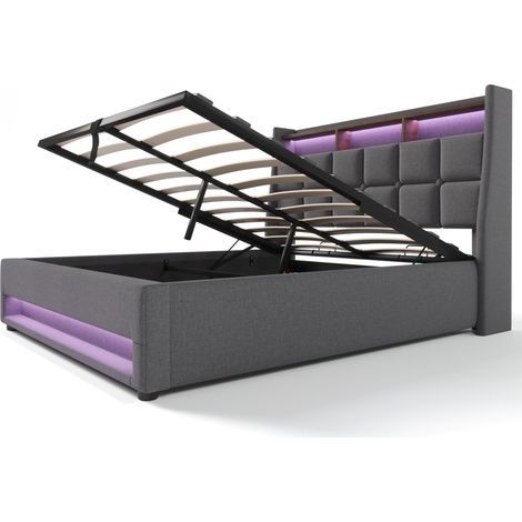 Polsterbett 180x200 cm in grauem Leinen mit USB und LED (1/5)