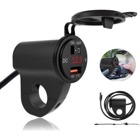 Chargeur de Téléphone Portable USB pour Moto, étanche 12V Chargeur de Voiture, avec voltmètre et Interrupteur indépendant, Convient aux guidons de Moto d'un diamètre de 2,2 cm (1/4)