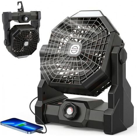 Ventilateur de Camping Portable Tente Ventilateur 24000mAh 3 en 1 Ventilateur de Tente Extérieure avec Lumière LED de Classe 3 à 4 Vitesses pour la Pêche en Plein air de Voyage de Tente Noir (1/5)