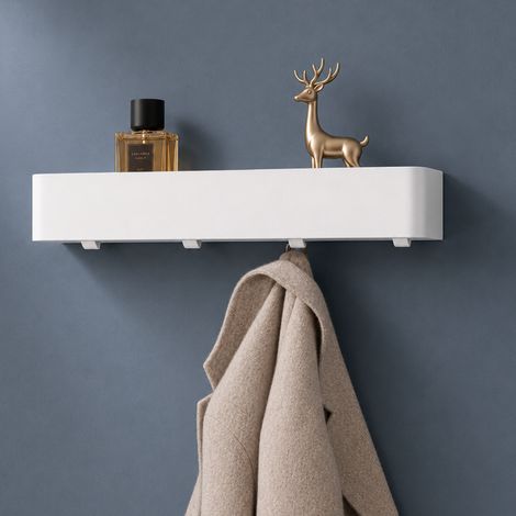 doporro Wandgarderobe mit Ablage, Garderobenleiste 40 cm mit 4 Garderobenhaken, Kleiderhaken Wand ohne Bohren oder mit Bohren Jackenaufhänger für Flur, Bad & Küche, Garderobe Weiß Reglo-05 (1/5)