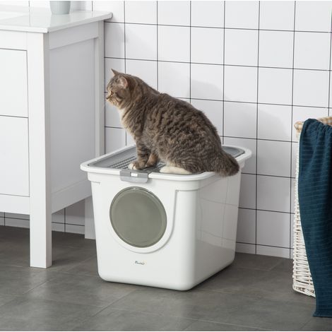 Katzentoilette mit Deckel und Schaufel, 44 x 55 x 39 cm, weiß/grau OKMYHOME (1/5)