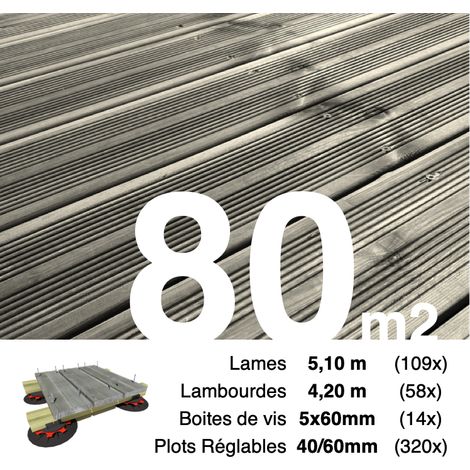 Kit complet terrasse Pin autoclave Gris pour 80 m² • Lames 5,1 m, lambourdes 4,2 m, plots réglables et visserie Inox • Livraison gratuite (1/3)