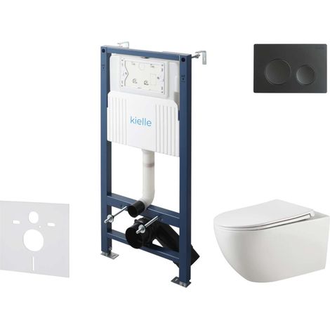 kielle Genesis New - Set bâti-support, WC Gaia, sans rebord, siège à fermeture progressive et bouton-poussoir Gemini New I, noir mat 30528SS12 (1/5)