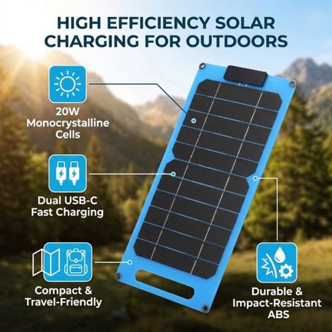 Panneau Solaire - 20 W - Double Port USB Type C - Pour Charge Externe Téléphone et Appareils Électroniques - 1 Pièce (1/4)