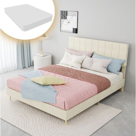 Cama 140x200 cm de tejido beige y metal, cabecero capitonado, sin colchón – MEUBLIV (1/5)